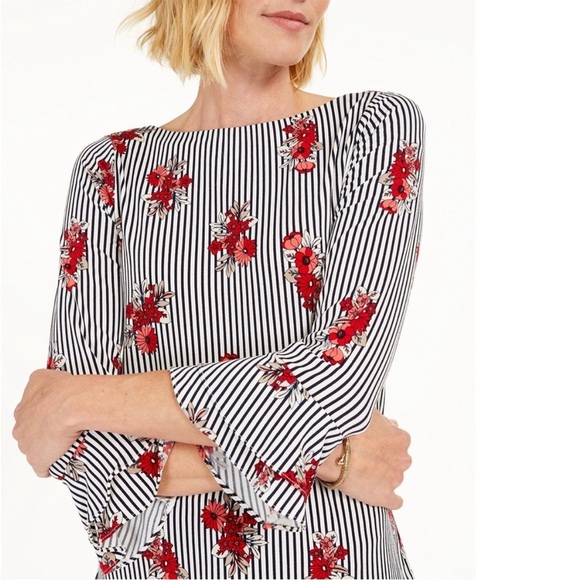 Charter Club Floral Striped Blouse with Red Floral Pattern And Bell Sleeves - Picture 1 of 11